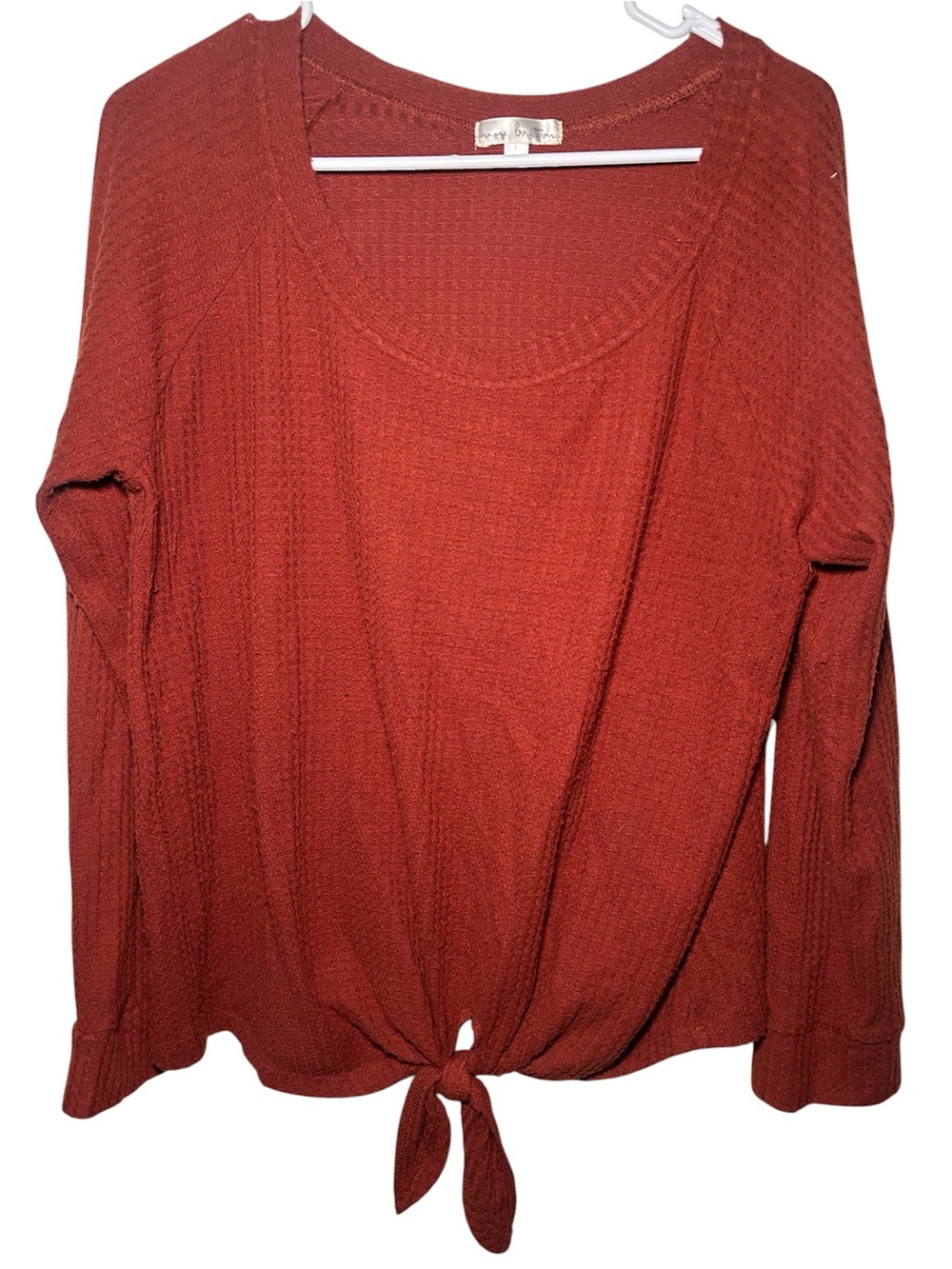 Women’s Tie-Hem Long Sleeve Top Rust Orange Textured Warm Casual Fall Shirt